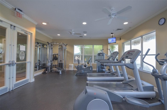2624 Daulby St, Kissimmee, FL 34747 - gym with french doors, recessed lighting, baseboards, a ceiling fan, and crown molding