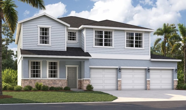 view of front of house with stone siding, a shingled roof, an attached garage, and driveway