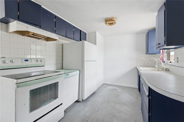 kitchen featuring under cabinet range hood, white appliances, decorative backsplash, blue cabinetry, and concrete flooring