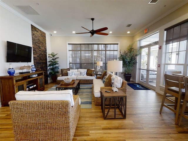 5 Riverwalk Dr Unit 601, New Smyrna Beach, FL 32169 - living room with ornamental molding, ceiling fan, french doors, light wood finished floors, and recessed lighting