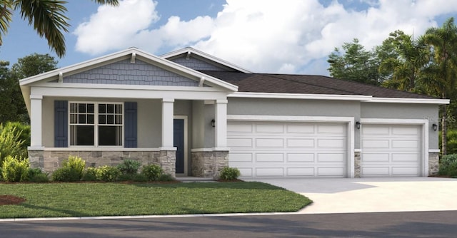 craftsman-style home featuring stone siding, concrete driveway, stucco siding, and a garage