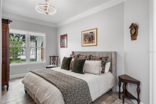 bedroom featuring crown molding, baseboards, stone finish flooring, and a chandelier