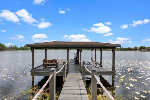 dock area featuring boat lift and a water view