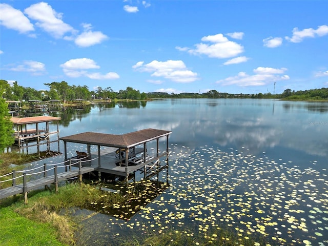 dock area featuring boat lift and a water view