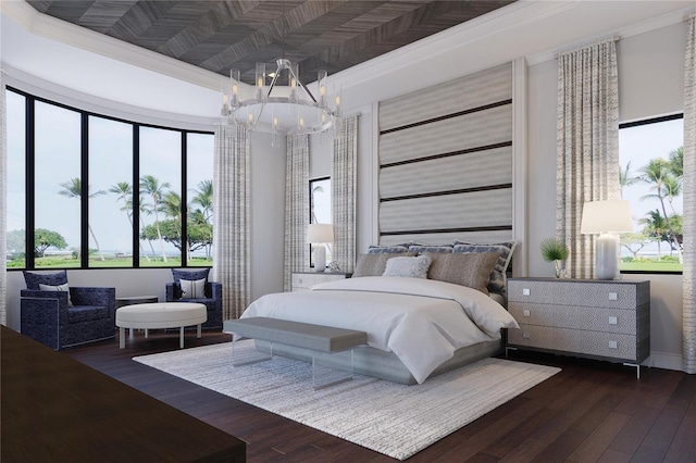 bedroom with a chandelier, wood-type flooring, and ornamental molding