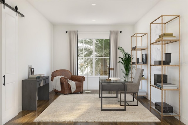 13123 Faro Ct Unit 23, Winter Garden, FL 34787 - living area with a barn door, dark wood-type flooring, recessed lighting, and baseboards