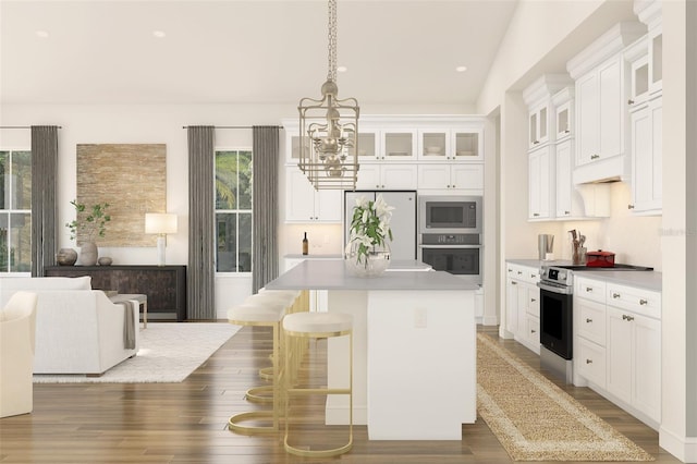 13123 Faro Ct Unit 23, Winter Garden, FL 34787 - kitchen featuring stainless steel appliances, a chandelier, a kitchen island, wood finished floors, and white cabinetry
