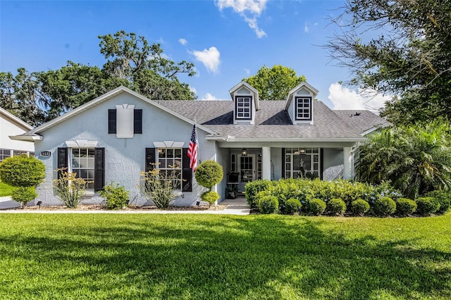 view of front of home featuring a front lawn, stucco siding, roof with shingles, and covered porch