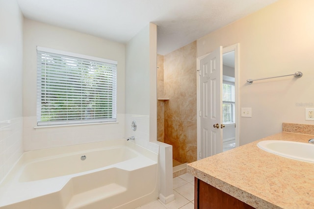 2320 Red Ember Rd, Oviedo, FL 32765 - bathroom featuring a bath, tile patterned flooring, tiled shower, and vanity