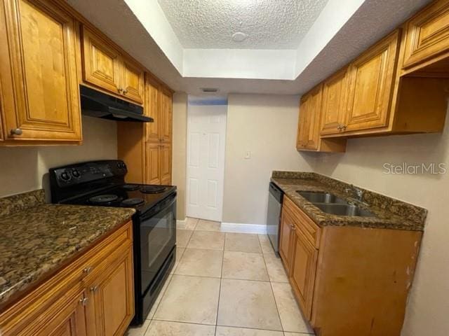 kitchen with dark stone countertops, a sink, black electric range, under cabinet range hood, and dishwasher