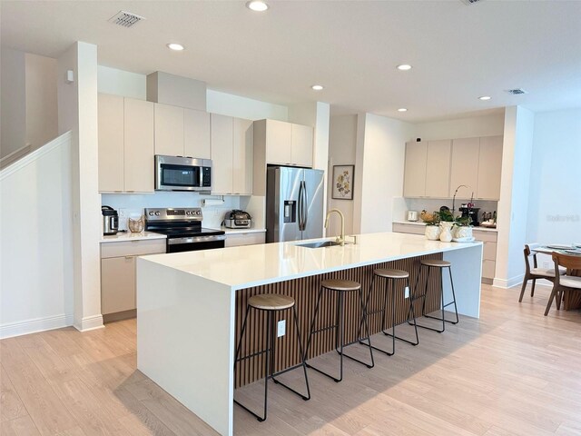 kitchen featuring a sink, a breakfast bar area, visible vents, light wood-style flooring, and appliances with stainless steel finishes