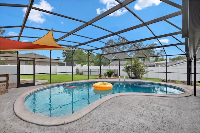 view of pool with a yard, a patio area, a fenced backyard, and a fenced in pool