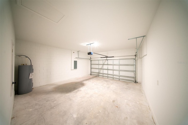 garage with electric panel, electric water heater, concrete block wall, and a garage door opener