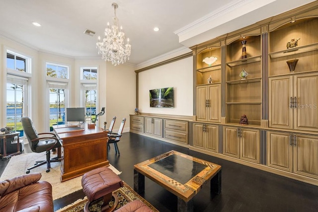 office featuring ornamental molding, a chandelier, recessed lighting, and dark wood-style floors