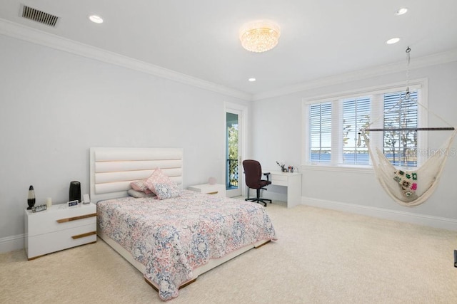 carpeted bedroom with crown molding, recessed lighting, baseboards, and an office area