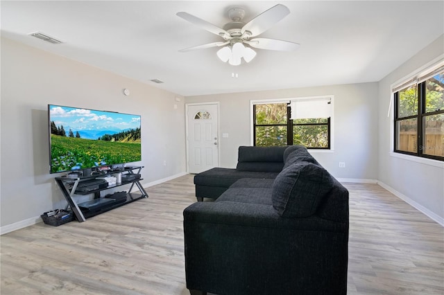 2927 Ahern Dr, Orlando, FL 32817 - living area featuring light wood-style flooring, baseboards, a ceiling fan, and visible vents
