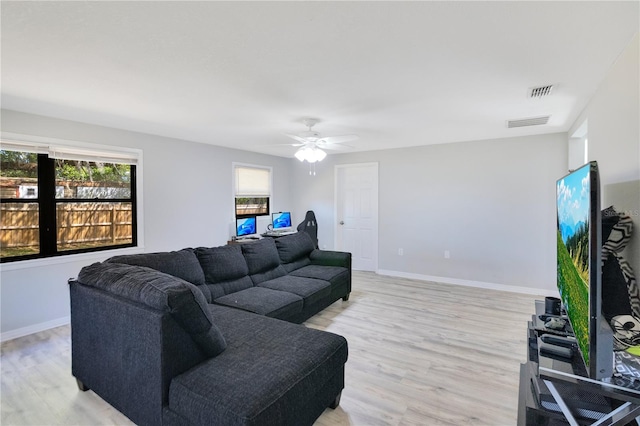 2927 Ahern Dr, Orlando, FL 32817 - living area featuring a ceiling fan, baseboards, light wood-style flooring, and visible vents