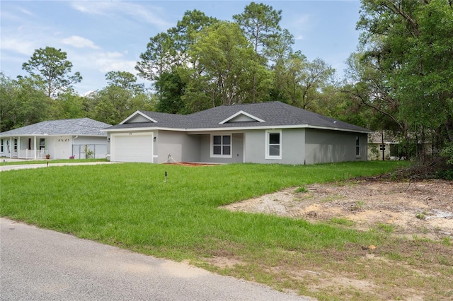 274 W Bolero Pl, Citrus Springs, FL 34434 - ranch-style home featuring a garage, stucco siding, a front yard, and roof with shingles