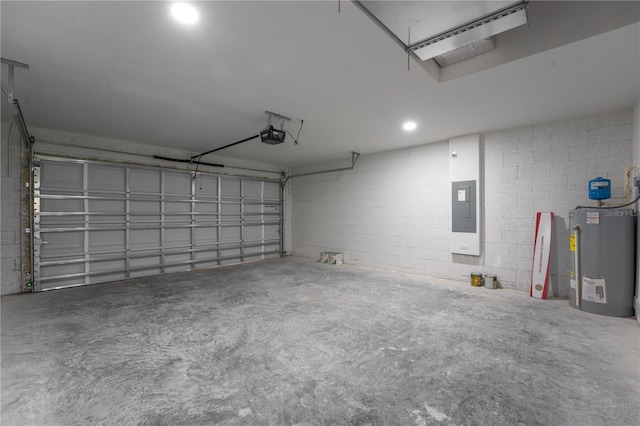 274 W Bolero Pl, Citrus Springs, FL 34434 - garage with electric panel, water heater, a garage door opener, and concrete block wall