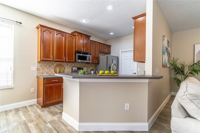 kitchen featuring light wood finished floors, a peninsula, dark countertops, stainless steel appliances, and decorative backsplash