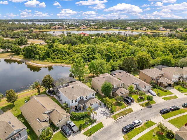 aerial view featuring a water view and a residential view