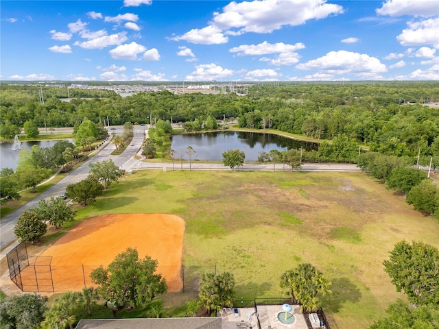 birds eye view of property with a water view and a view of trees