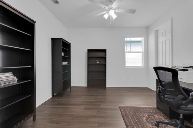 3017 Ambersweet Pl, Clermont, FL 34711 - home office featuring ceiling fan, wood finished floors, and baseboards