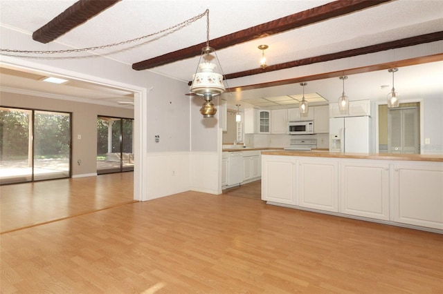 4141 Fallwood Cir, Orlando, FL 32812 - kitchen featuring white appliances, white cabinets, beamed ceiling, light wood-style floors, and glass insert cabinets