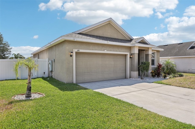 ranch-style house featuring stucco siding, an attached garage, driveway, and a shingled roof