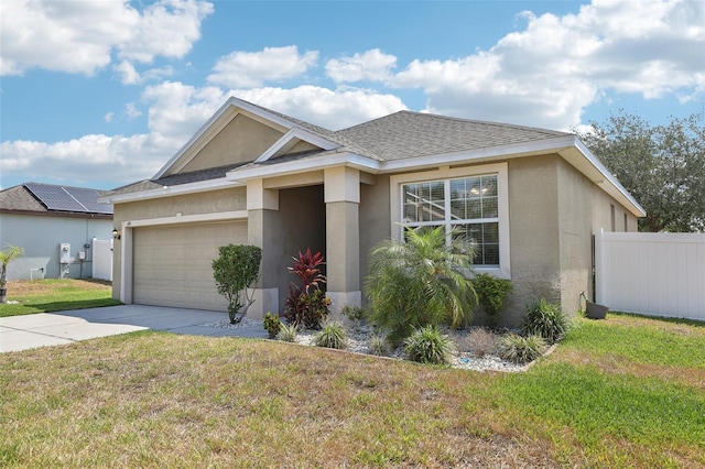 ranch-style house with stucco siding, an attached garage, concrete driveway, and roof with shingles