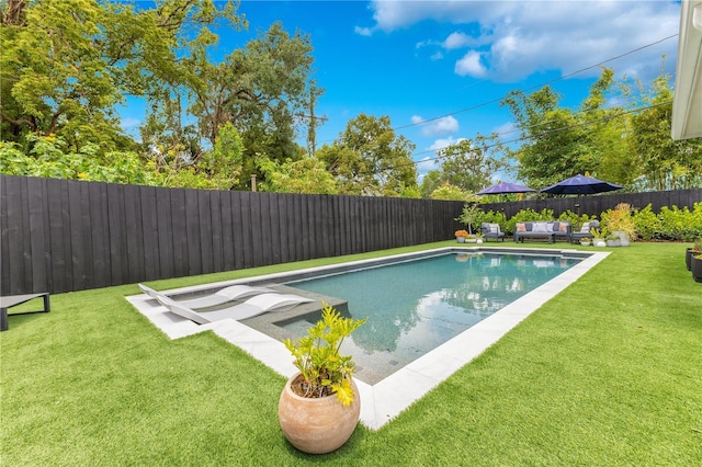 view of swimming pool featuring a fenced backyard, a fenced in pool, an outdoor living space, and a lawn
