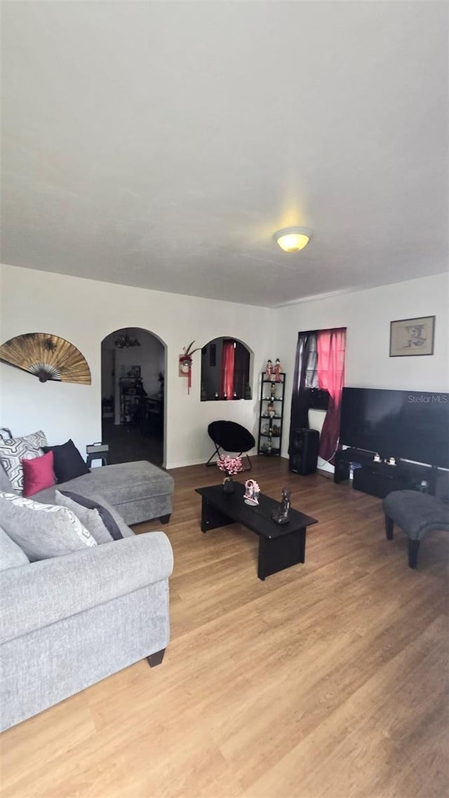 412 Bay St NW, Fort Meade, FL 33841 - living room featuring arched walkways and light wood finished floors