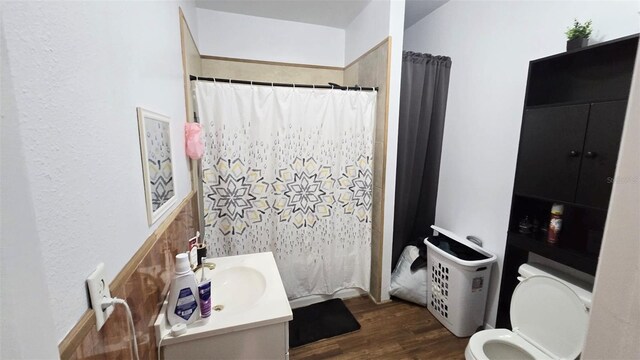 412 Bay St NW, Fort Meade, FL 33841 - full bathroom with wood finished floors, vanity, toilet, and curtained shower