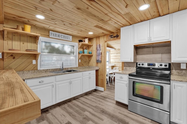 kitchen with a sink, open shelves, wooden ceiling, and electric range