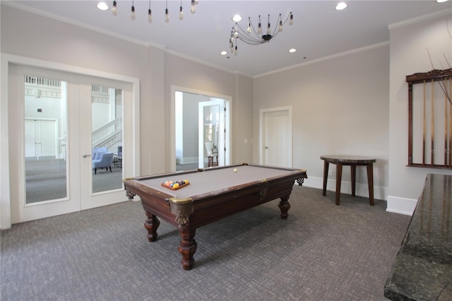 recreation room featuring pool table, ornamental molding, carpet flooring, and recessed lighting