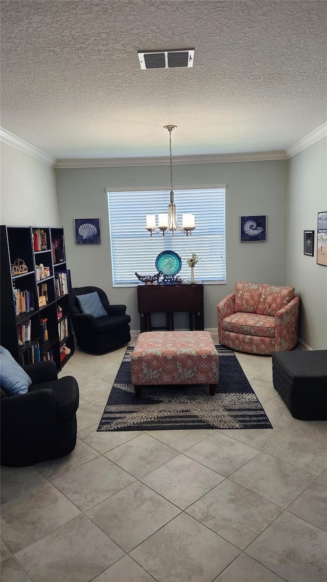 living room with a wealth of natural light, visible vents, crown molding, and a textured ceiling