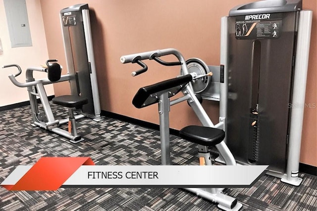 8125 Resort Village Dr Unit 51201, Orlando, FL 32821 - workout room featuring electric panel, dark colored carpet, and baseboards