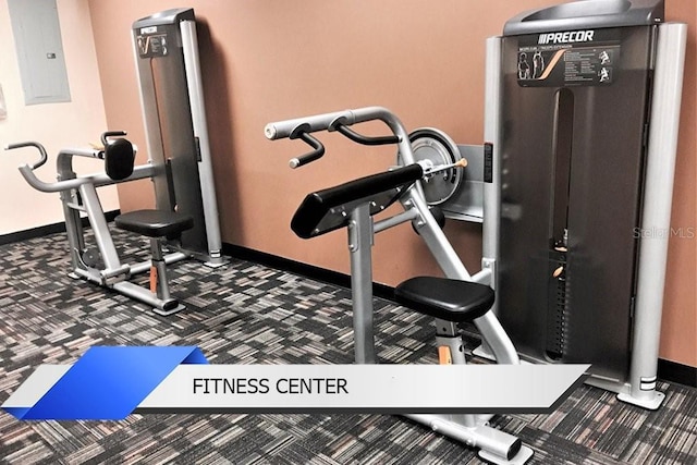 8112 Poinciana Blvd Unit 1502, Orlando, FL 32821 - exercise area with electric panel, baseboards, and dark carpet