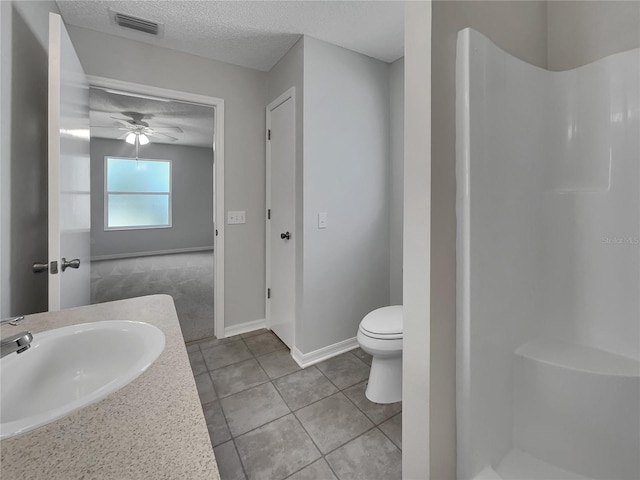 2708 La Posada Dr, The Villages, FL 32162 - full bath with a textured ceiling, toilet, walk in shower, visible vents, and ceiling fan