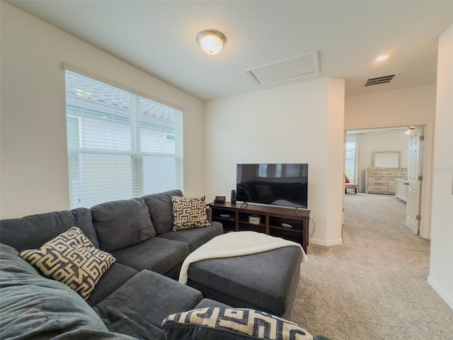 carpeted living area with attic access and baseboards