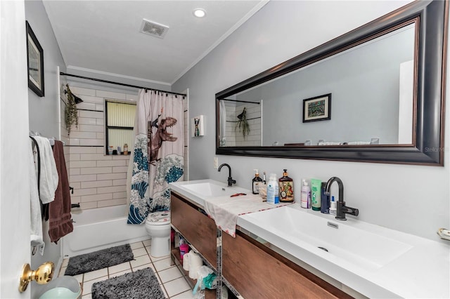 full bath with tile patterned floors, toilet, ornamental molding, double vanity, and shower / tub combo