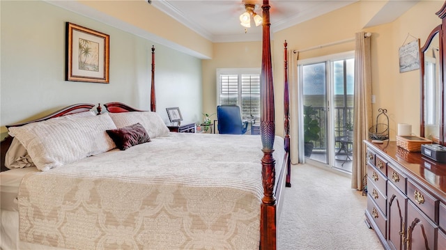 bedroom featuring ornamental molding, light carpet, a ceiling fan, and access to exterior