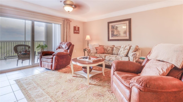 tiled living area with ornamental molding