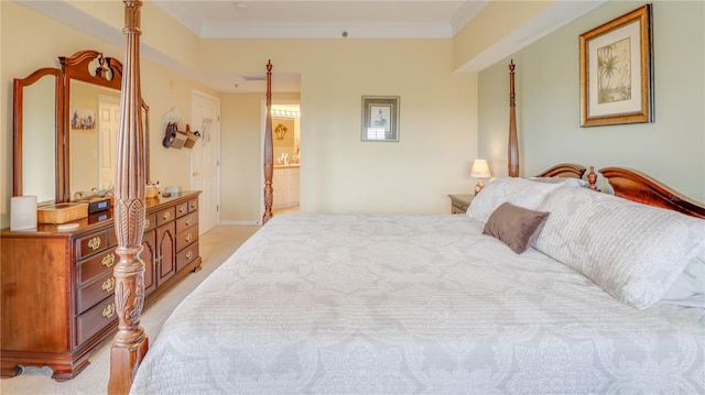 bedroom featuring light colored carpet, baseboards, and ornamental molding