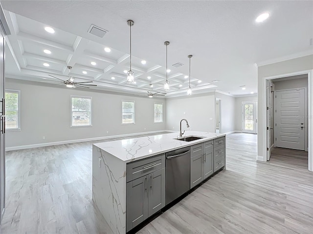278 Acorn Dr, Longwood, FL 32750 - kitchen featuring a ceiling fan, a sink, open floor plan, stainless steel dishwasher, and gray cabinetry