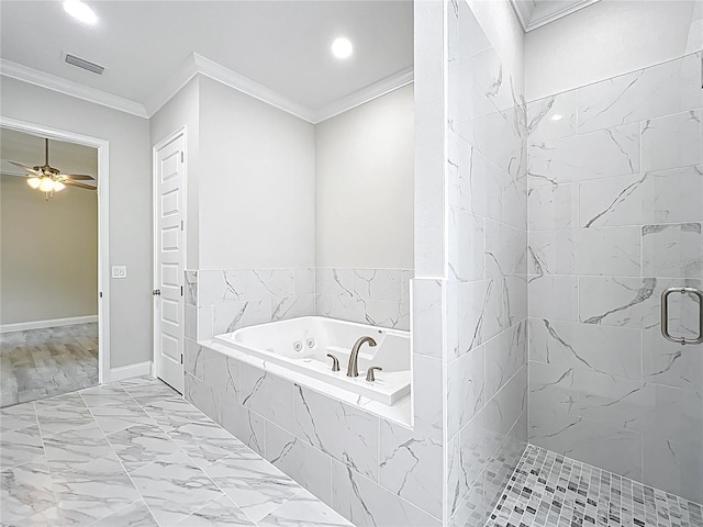278 Acorn Dr, Longwood, FL 32750 - full bath featuring marble finish floor, visible vents, a bath, a shower stall, and crown molding