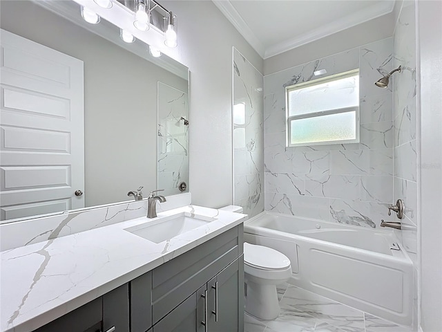 278 Acorn Dr, Longwood, FL 32750 - bathroom featuring toilet, marble finish floor, vanity, ornamental molding, and shower / bath combination