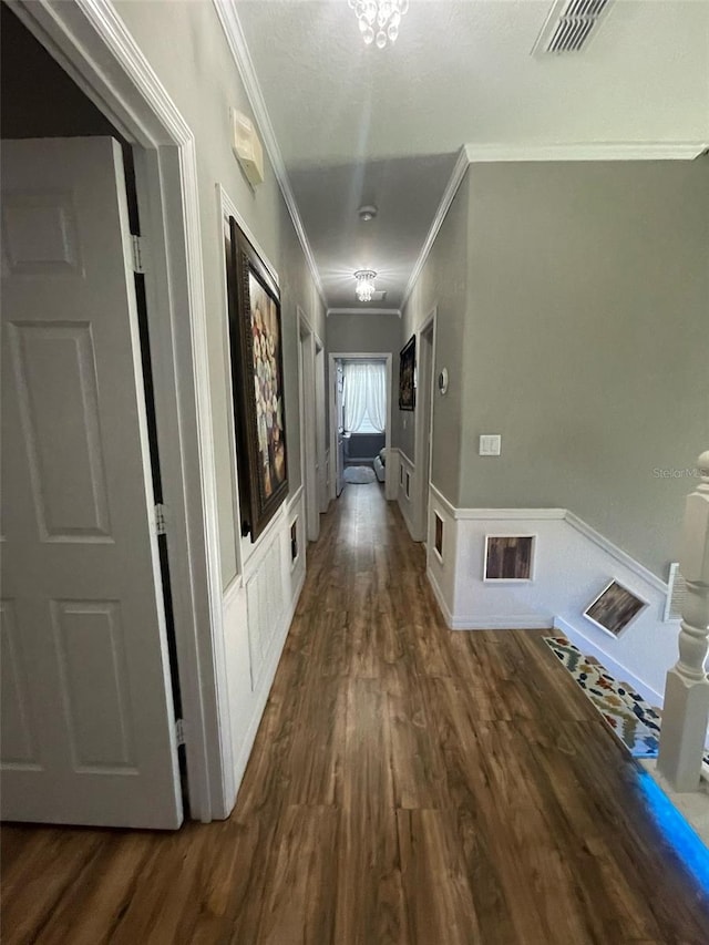 447 Cadiz Loop, Davenport, FL 33837 - hall featuring visible vents, crown molding, a wainscoted wall, and wood finished floors
