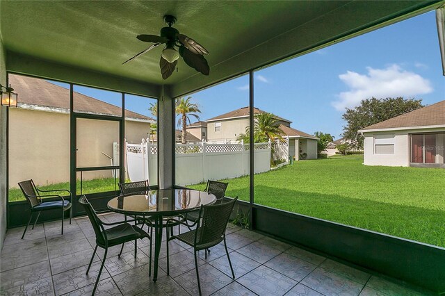 2975 White Cedar Cir, Kissimmee, FL 34741 - sunroom featuring ceiling fan, outdoor dining space, and a residential view