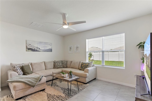 1975 Cacutta Way, Kissimmee, FL 34744 - living room featuring a ceiling fan, baseboards, and light tile patterned floors